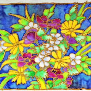 Bild von einer Seidenmalerei, darauf sind Blumen in gelb, violett und einem ins blaue gehende weiß als Blumenstrauß vor dunkelblauem Hintergrund zu sehen.