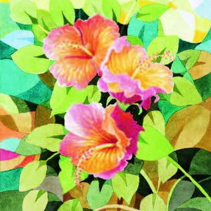 Eine in Aquarell gemalte Hibiskuspflanze mit 3 pinken Hibiskusblüten vor einer Bläterwand in verschiedenen Grüntönen.